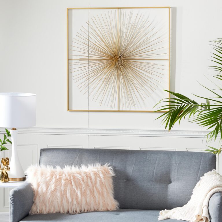 Gold Metal Starburst Handmade Large 3D Home Wall Decor with Square Frame
