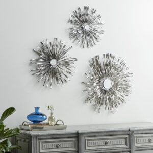 Silver Metal Sunburst 3D Looped Home Wall Decor with Mirror Accent