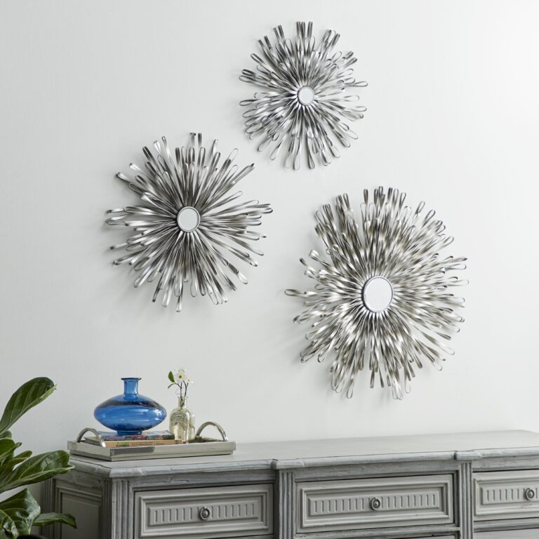 Silver Metal Sunburst 3D Looped Home Wall Decor with Mirror Accent