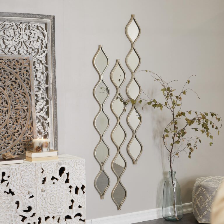 Silver Metal Geometric Slim Stacked Chain 5 Layer Room Wall Mirror with Tear Drop Pattern