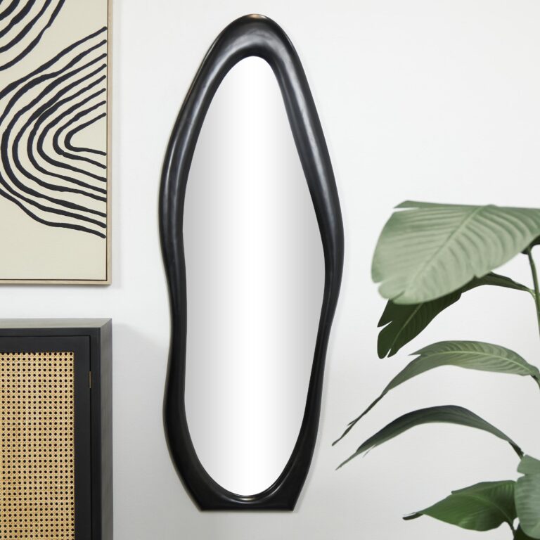 Black Wooden Abstract Wavy Room Wall Mirror