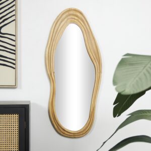 Brown Wood Abstract Wavy Room Wall Mirror with Dimensional Carved Frame