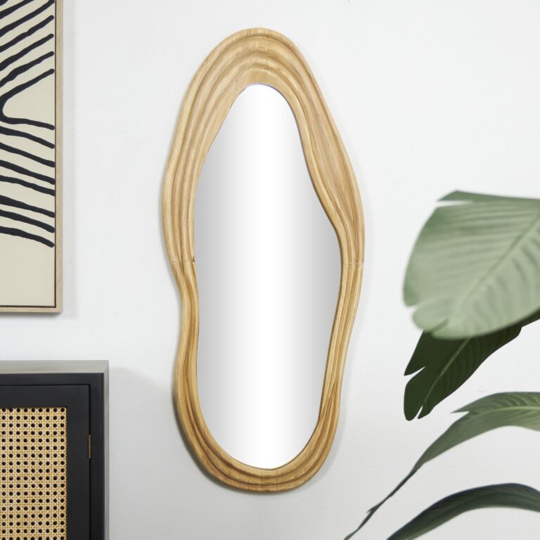 Brown Wood Abstract Wavy Room Wall Mirror with Dimensional Carved Frame