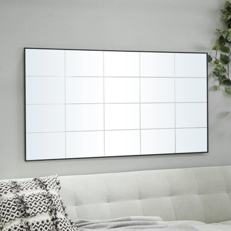 Black Wooden Grid Style Panel Room Wall Mirror