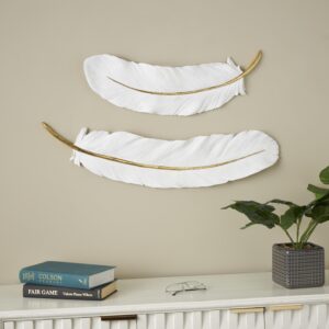White Resin Bird Feather Home Wall Decor with Gold Foil Accent