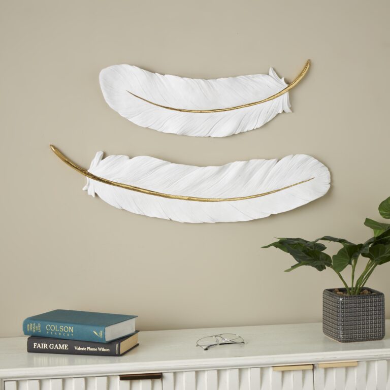 White Resin Bird Feather Home Wall Decor with Gold Foil Accent